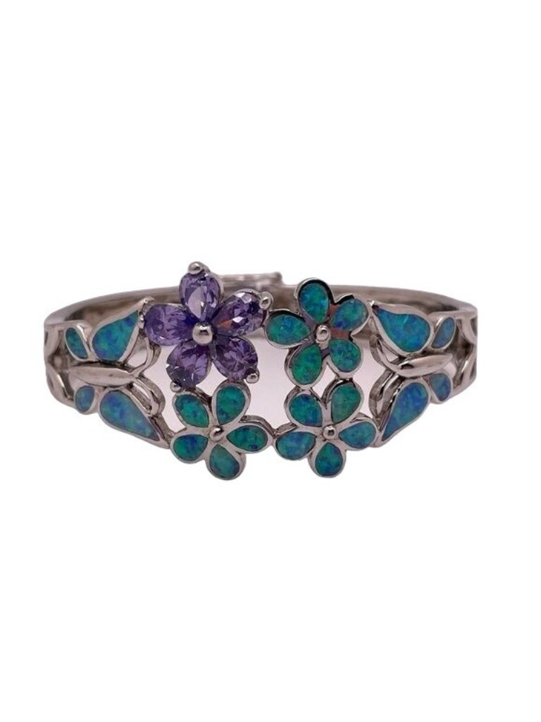 Silver Bracelet Blue Purple Hawaiian Plumeria Flowers Butterfly 925 Sterling